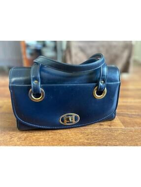 Vintage Navy Blue Leather Handbag with Gold Hardware